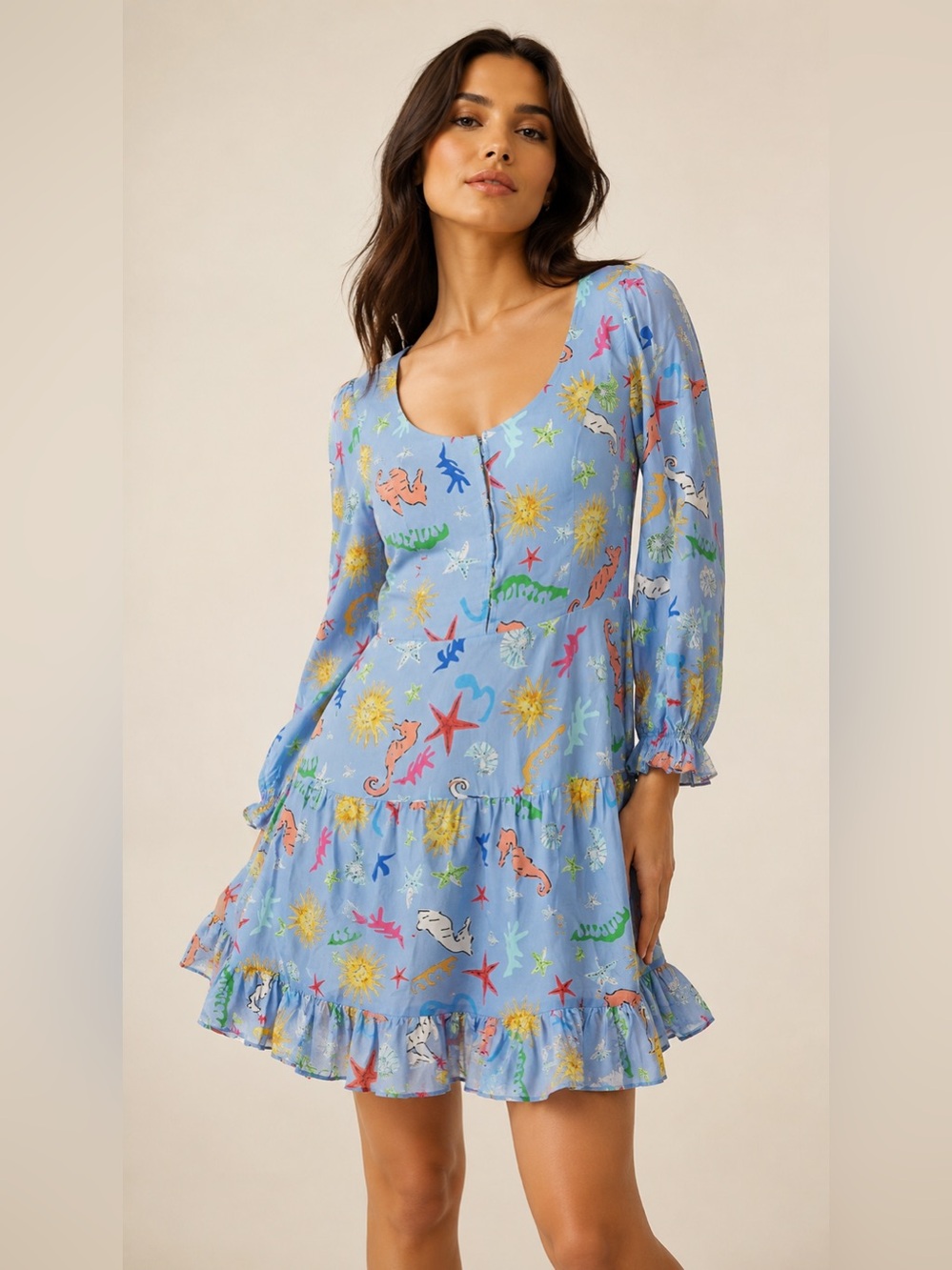 RIXO London Ambretta Mini Dress XS Light Blue Nautical Print Cotton Puff Sleeve